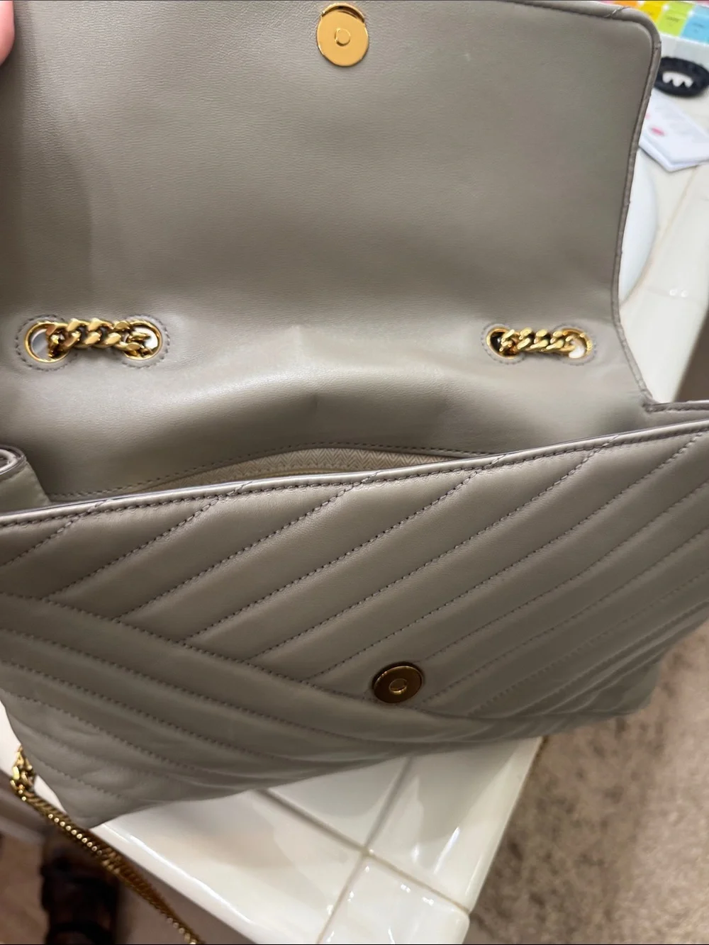 Tory Burch Kira Quilted Chevron Crossbody Bag in Taupe with Gold Hardware